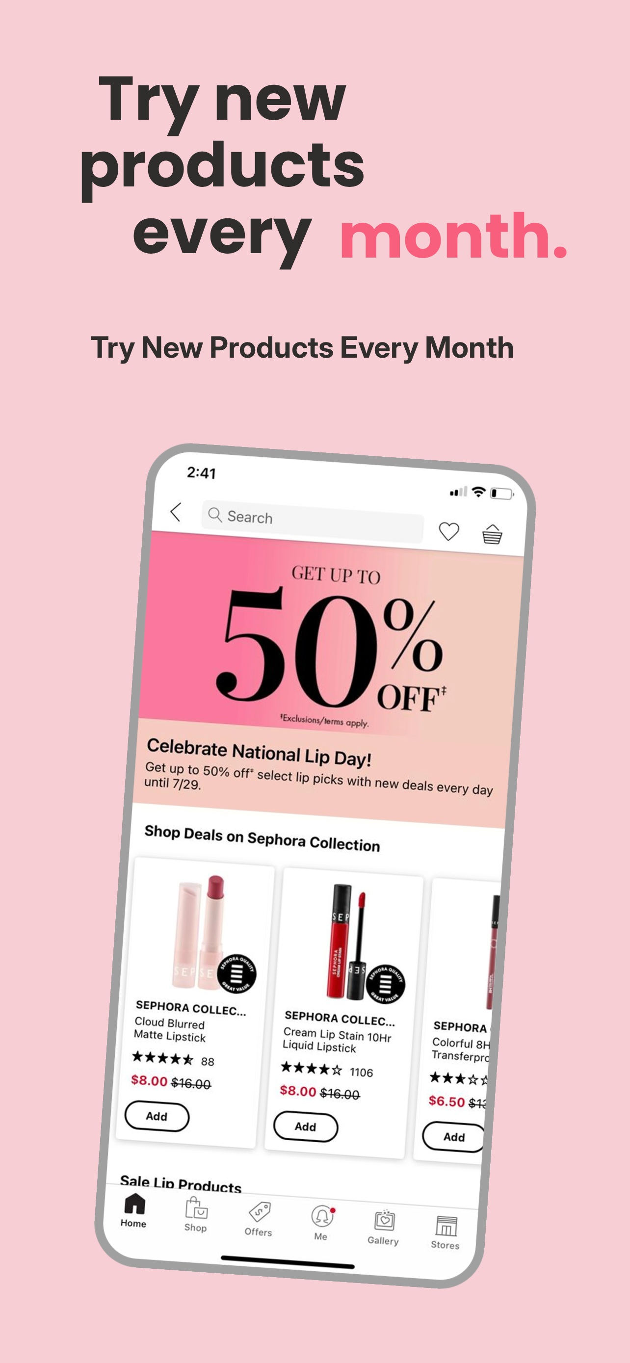 App Store screenshot template for beauty shopping app – try new products every month Sephora, iPhone 6.5 6.7 6.9