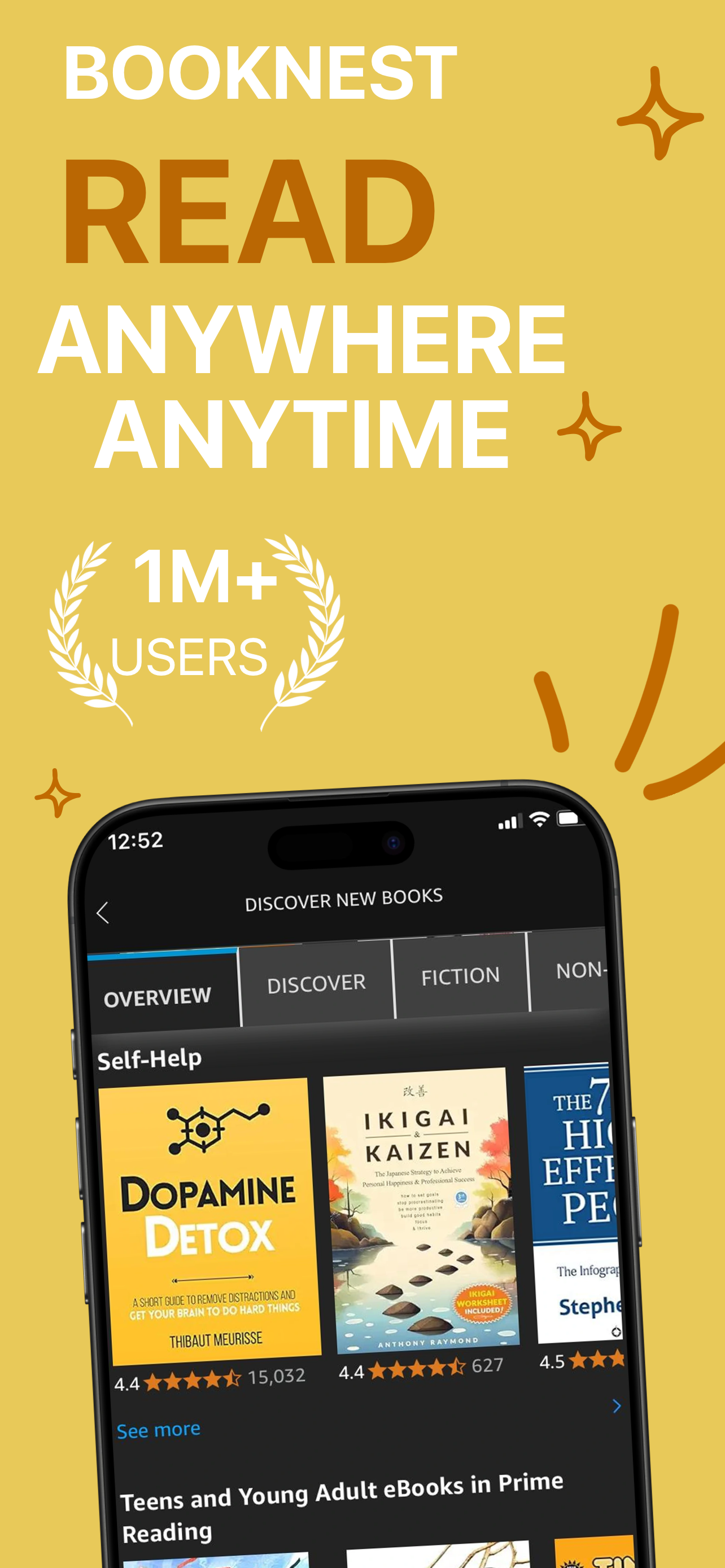 App Store screenshot template for reading app – read anywhere anytime 1M users, iPhone 6.5 6.7 6.9