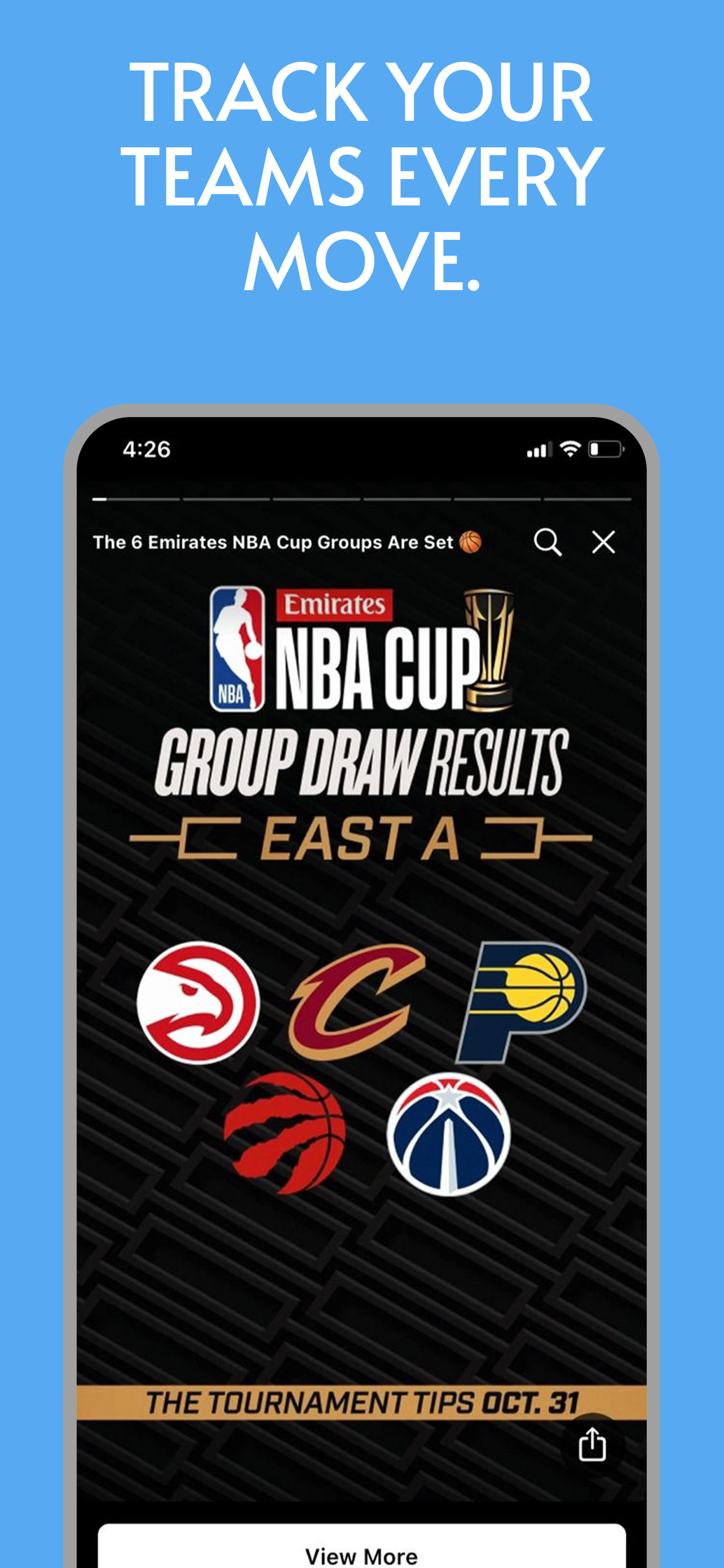 App Store screenshot template for sports app – team standings tournament draw
