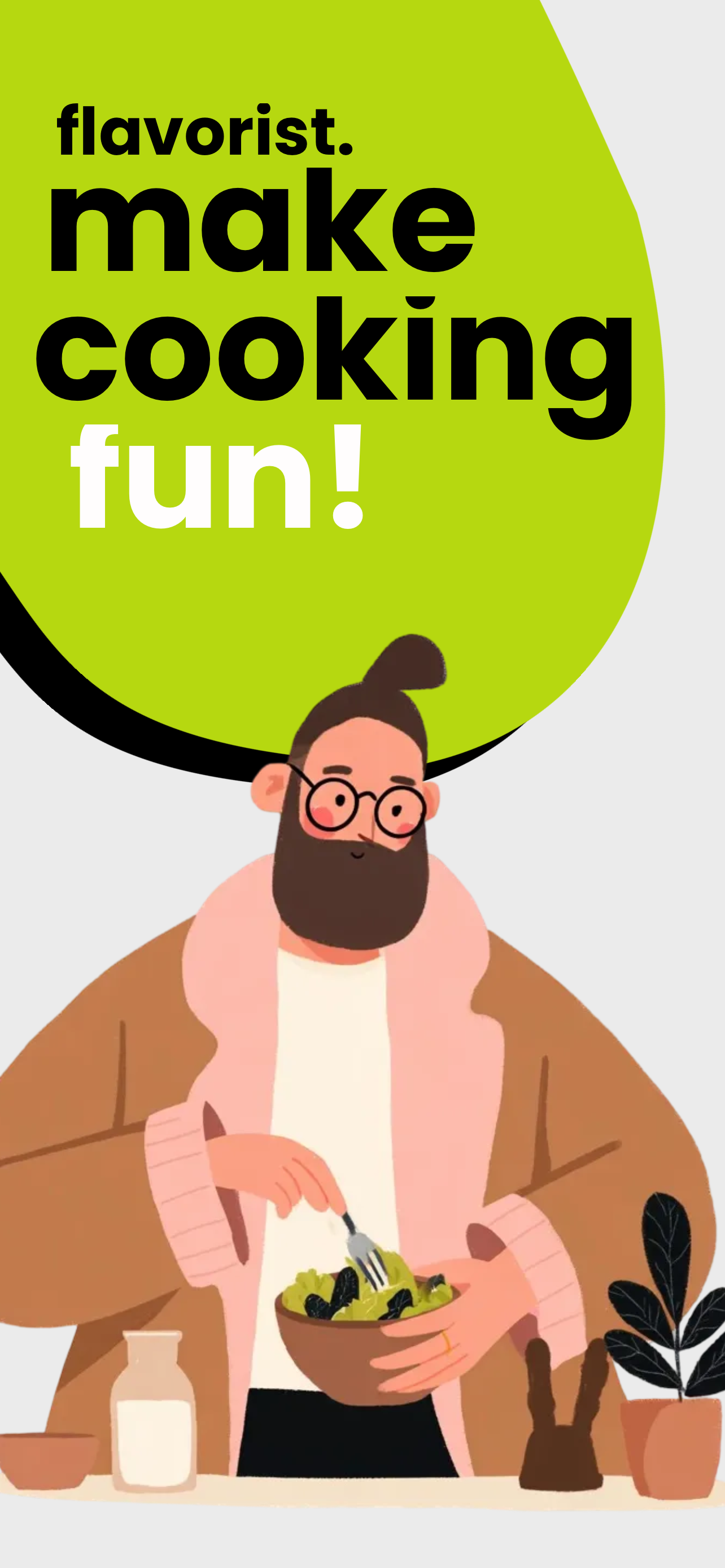 App Store screenshot template for cooking app – make cooking fun flavorist illustration, iPhone 6.5 6.7 6.9