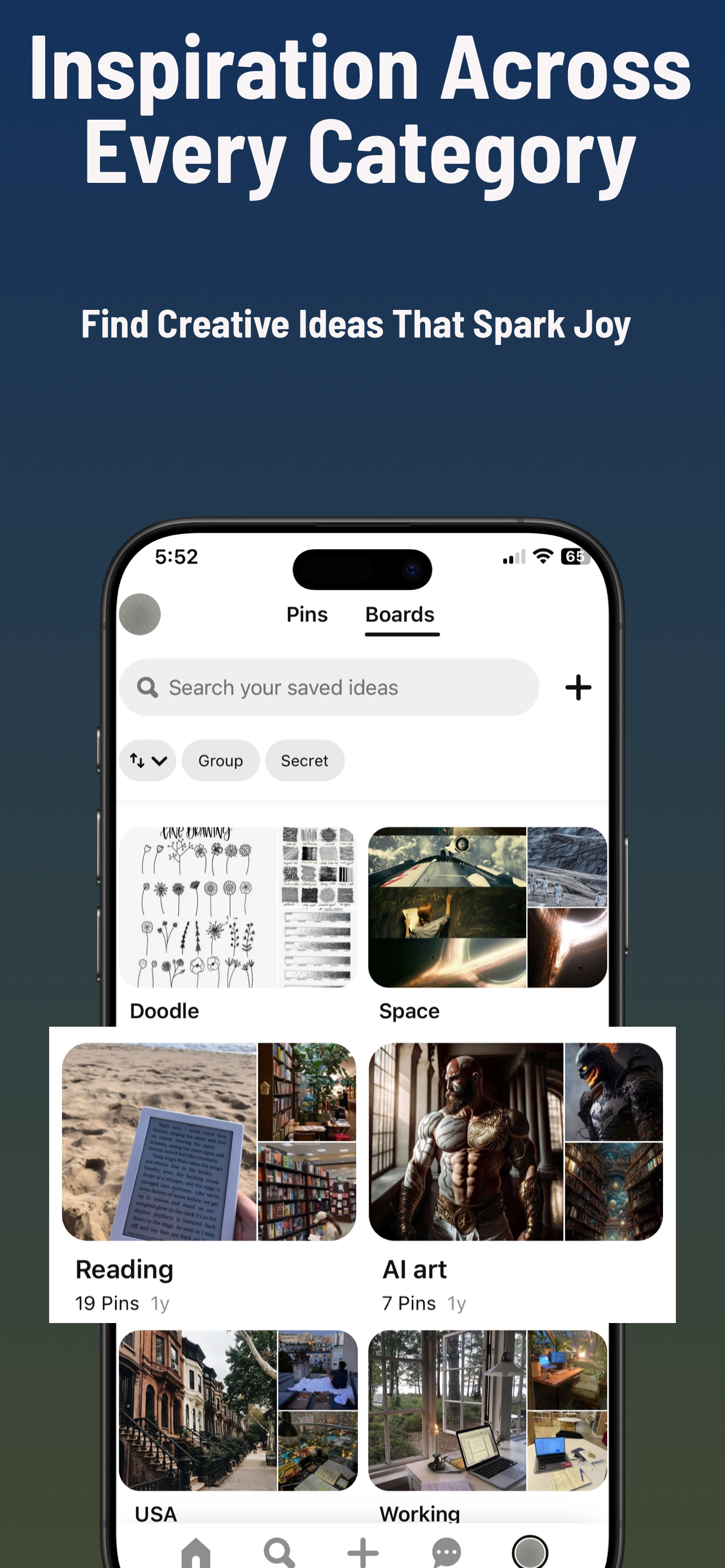 App Store screenshot template for inspiration app – save and organize boards