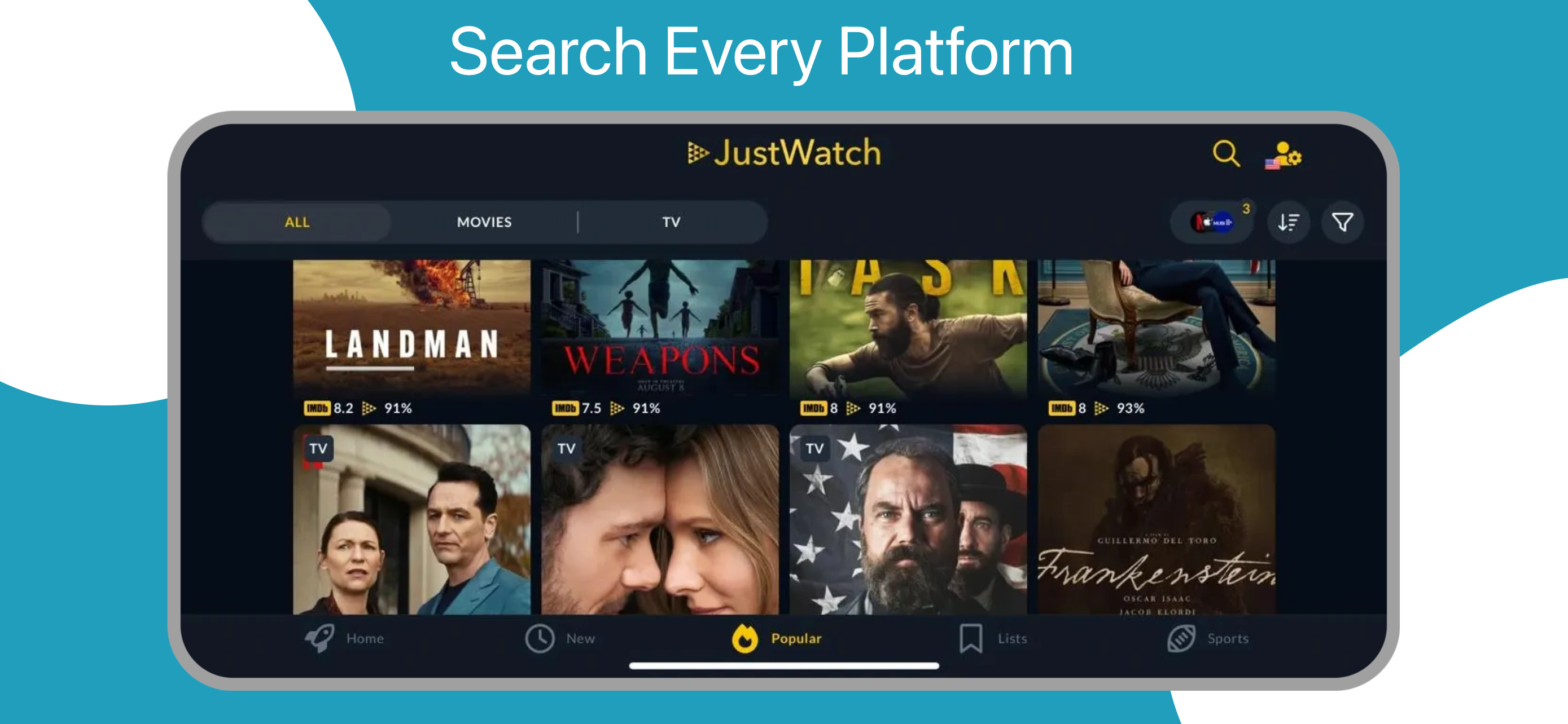 App Store landscape screenshot template for streaming tracker app – browse all movies and TV shows, iPhone 6.5 6.7 6.9