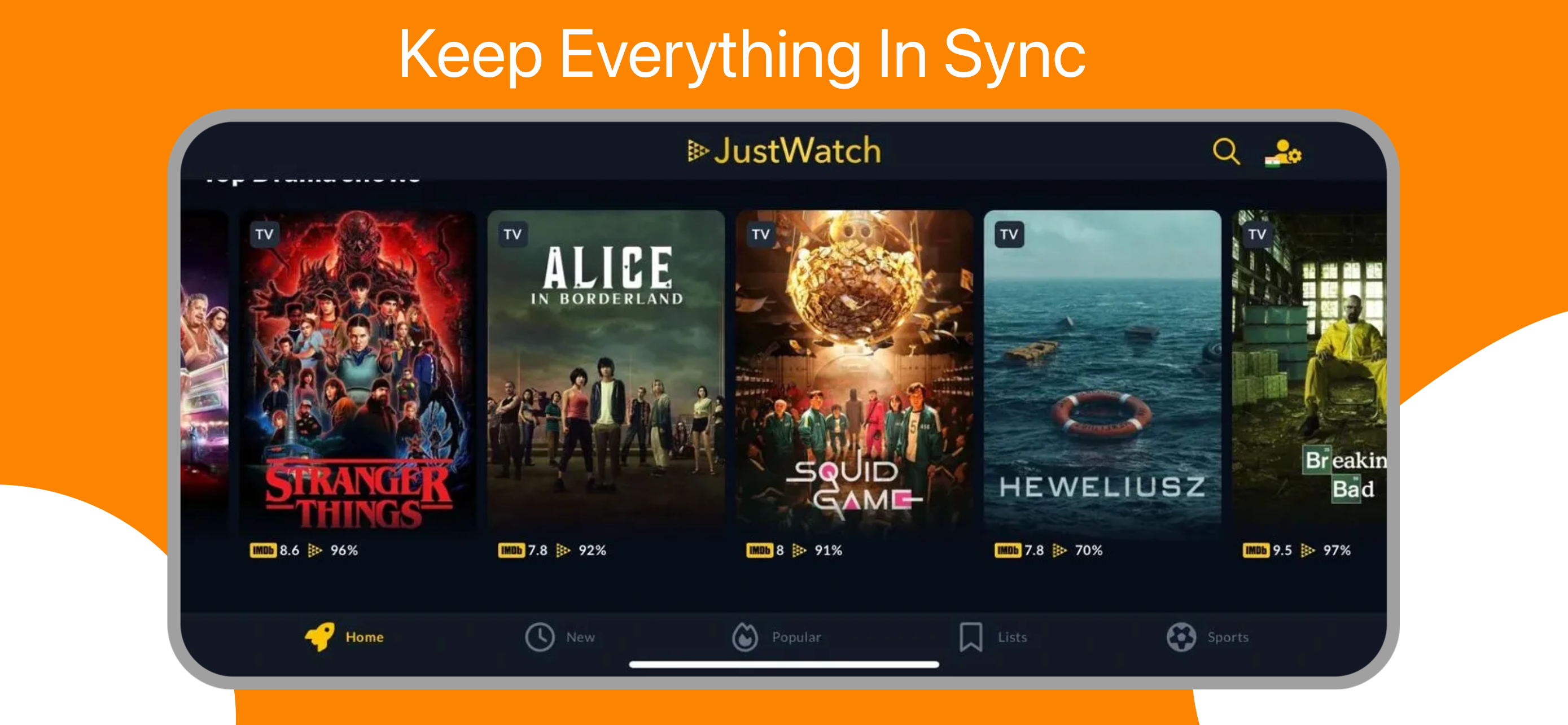App Store landscape screenshot template for streaming tracker – sports tab with live scores