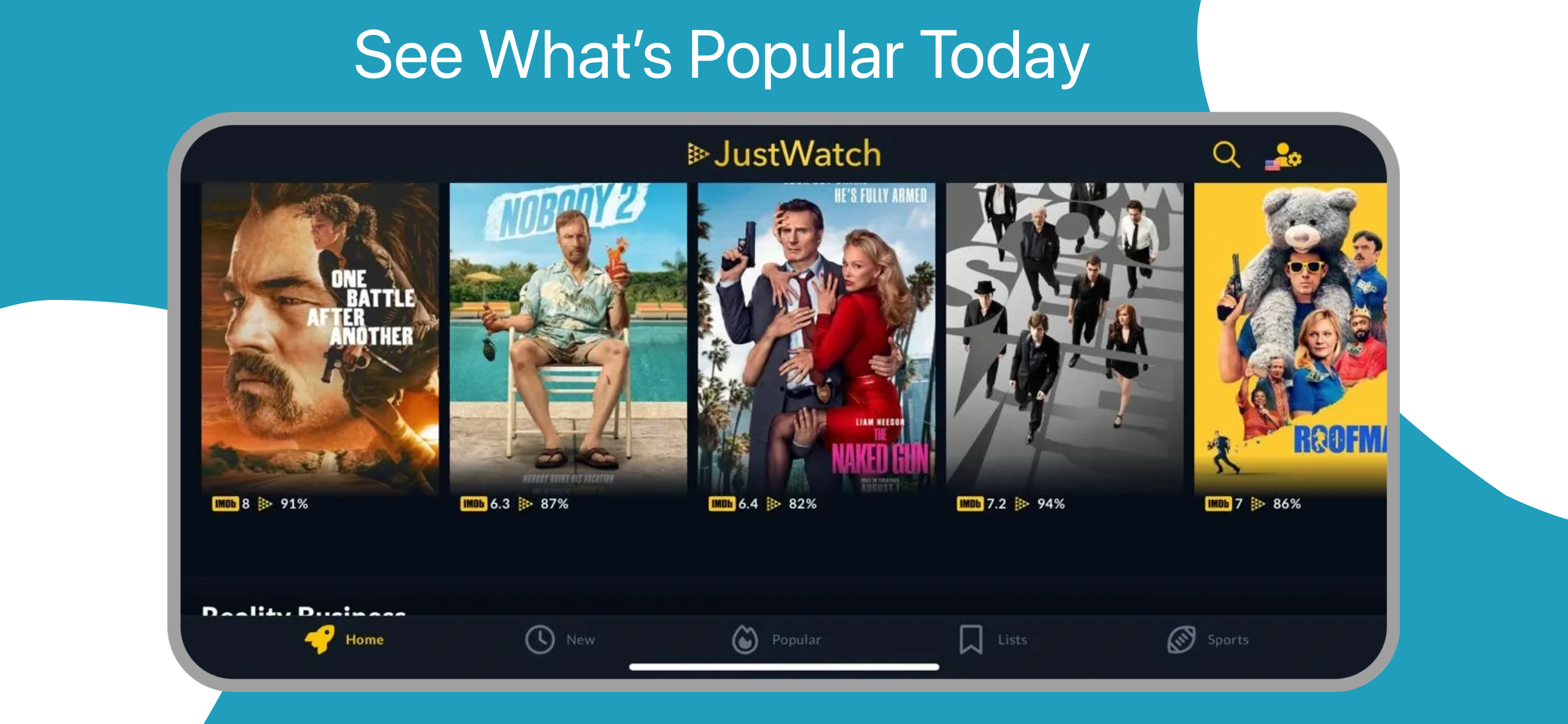 App Store landscape screenshot template for streaming tracker – watchlist and ratings
