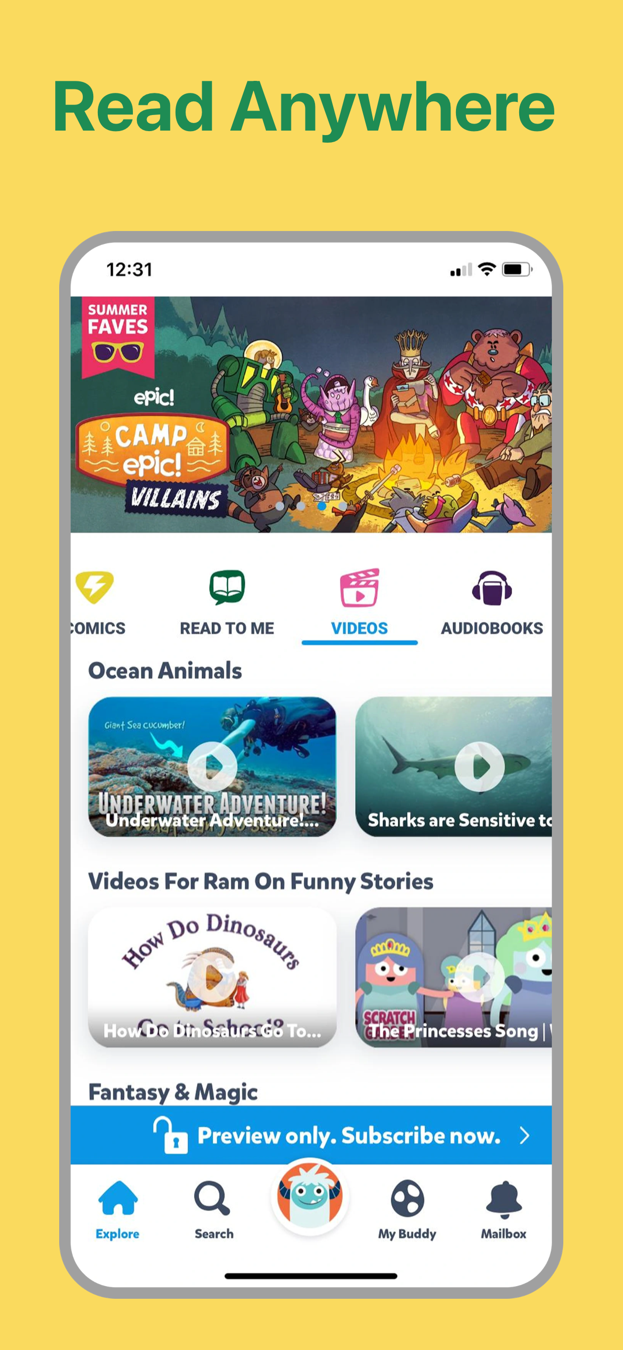 App Store screenshot template for kids reading app – video stories browse