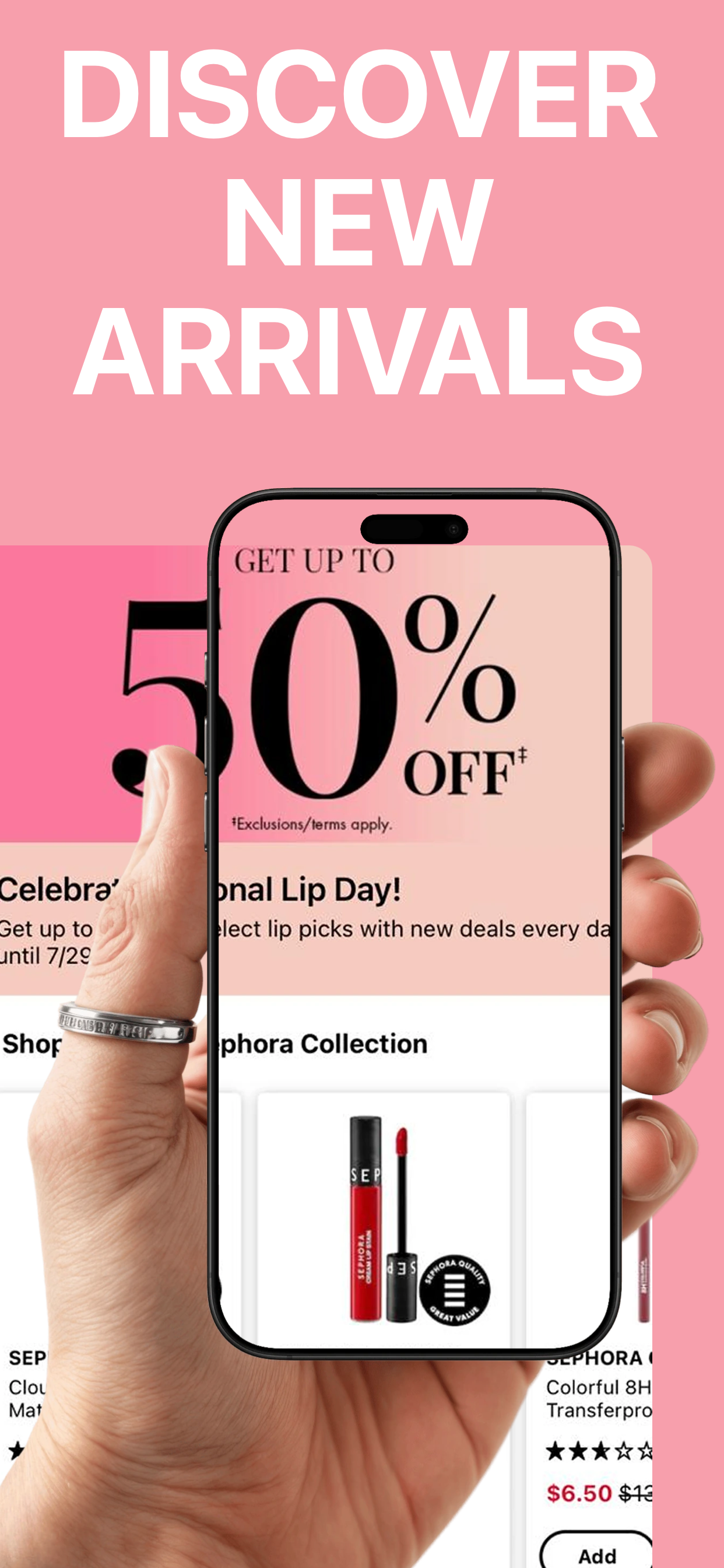 App Store screenshot template for shopping app – discover new arrivals 50% off Sephora, iPhone 6.5 6.7 6.9