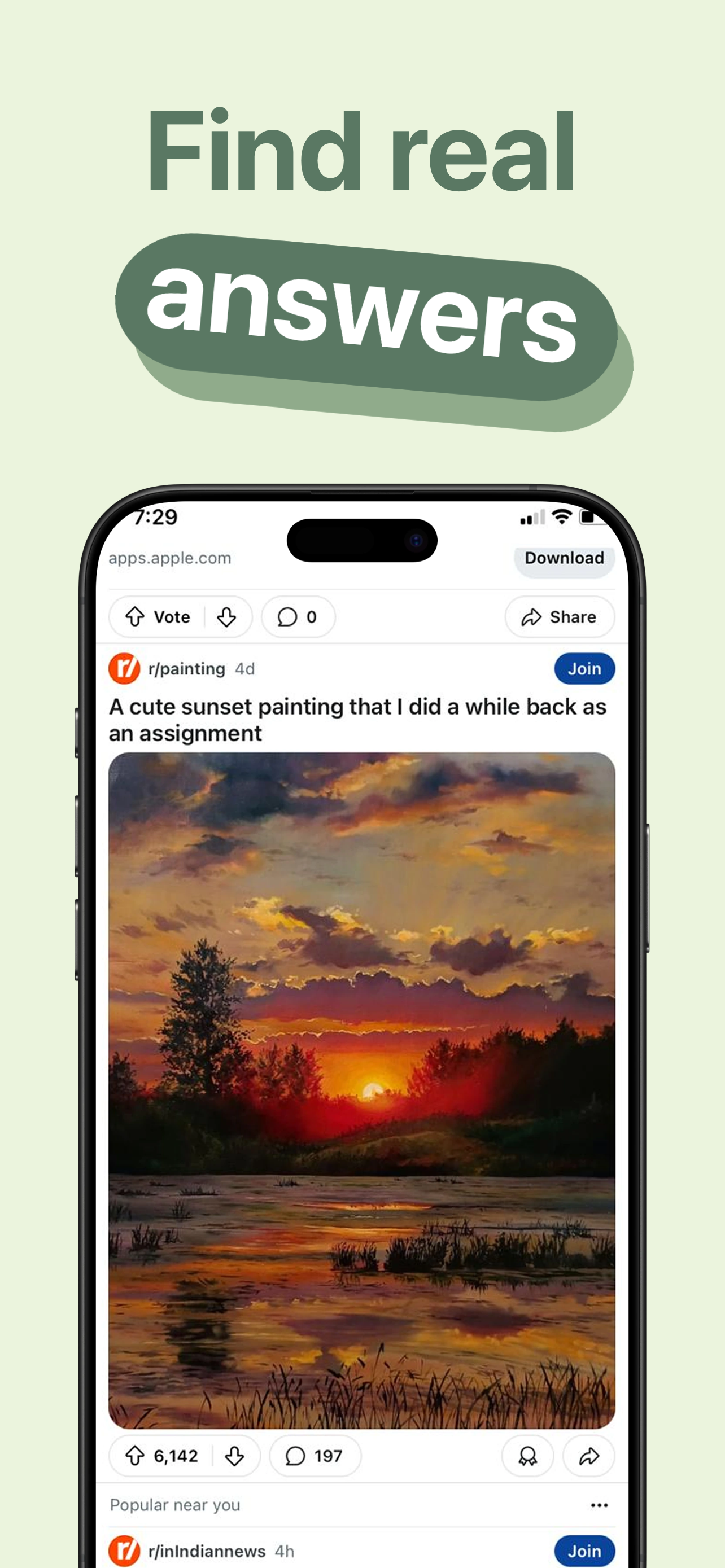 App Store screenshot template for community app – real answers post view