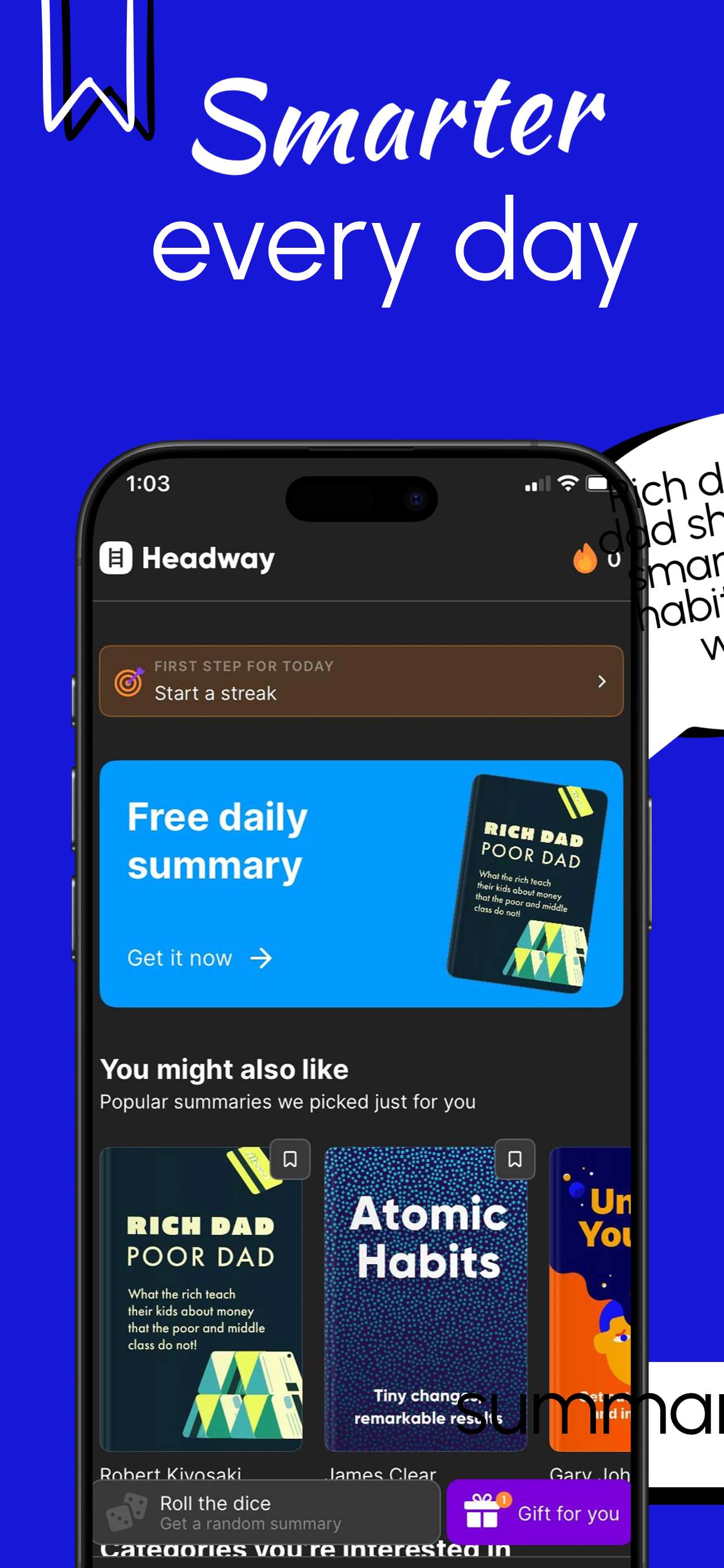 App Store screenshot template for book summary app – daily summary home