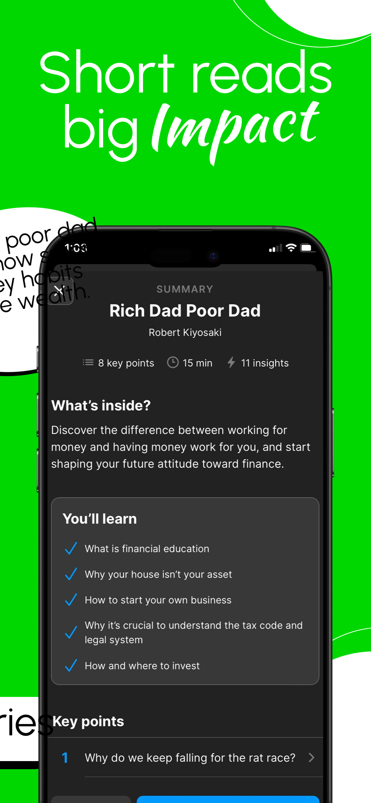 App Store screenshot template for book summary app – key points detail
