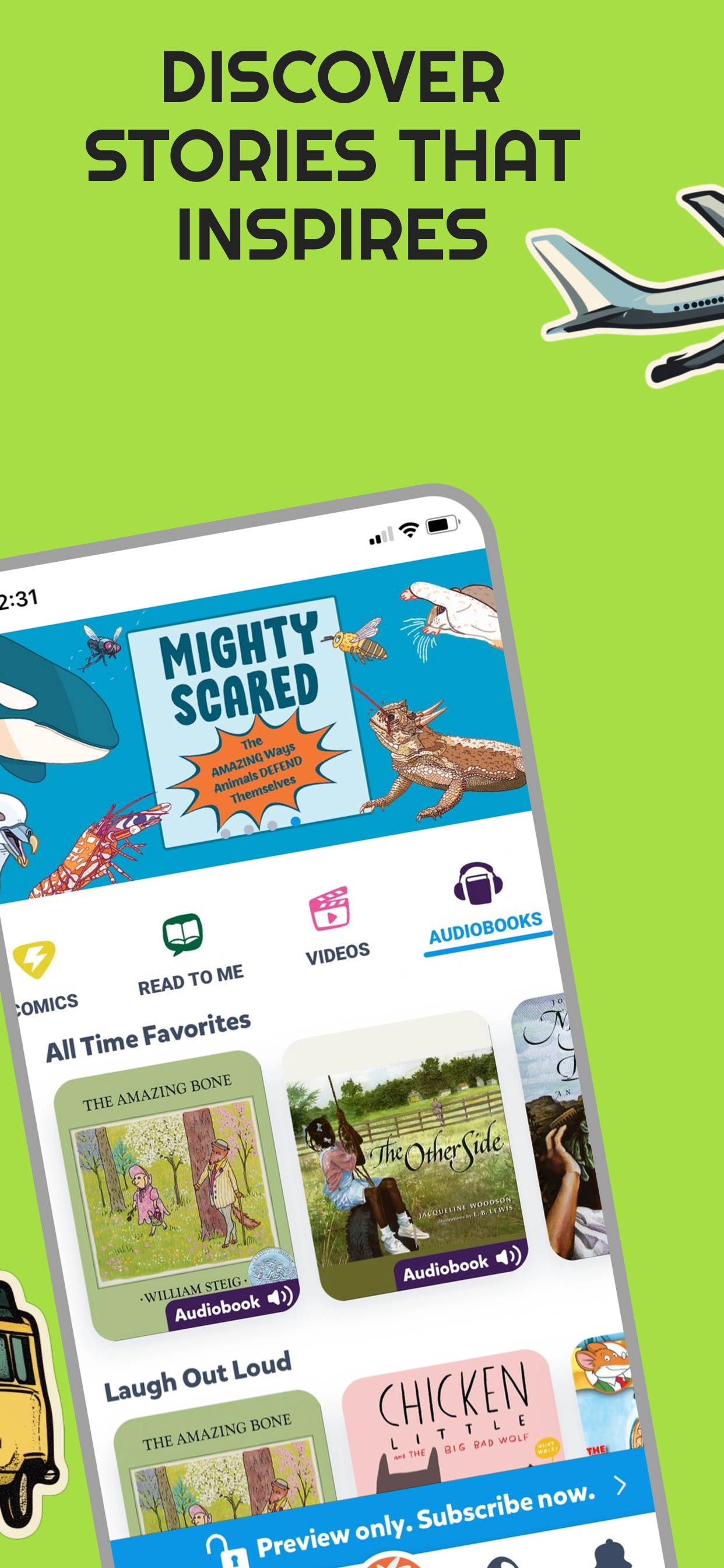 App Store screenshot template for kids learning app – comics and videos browse