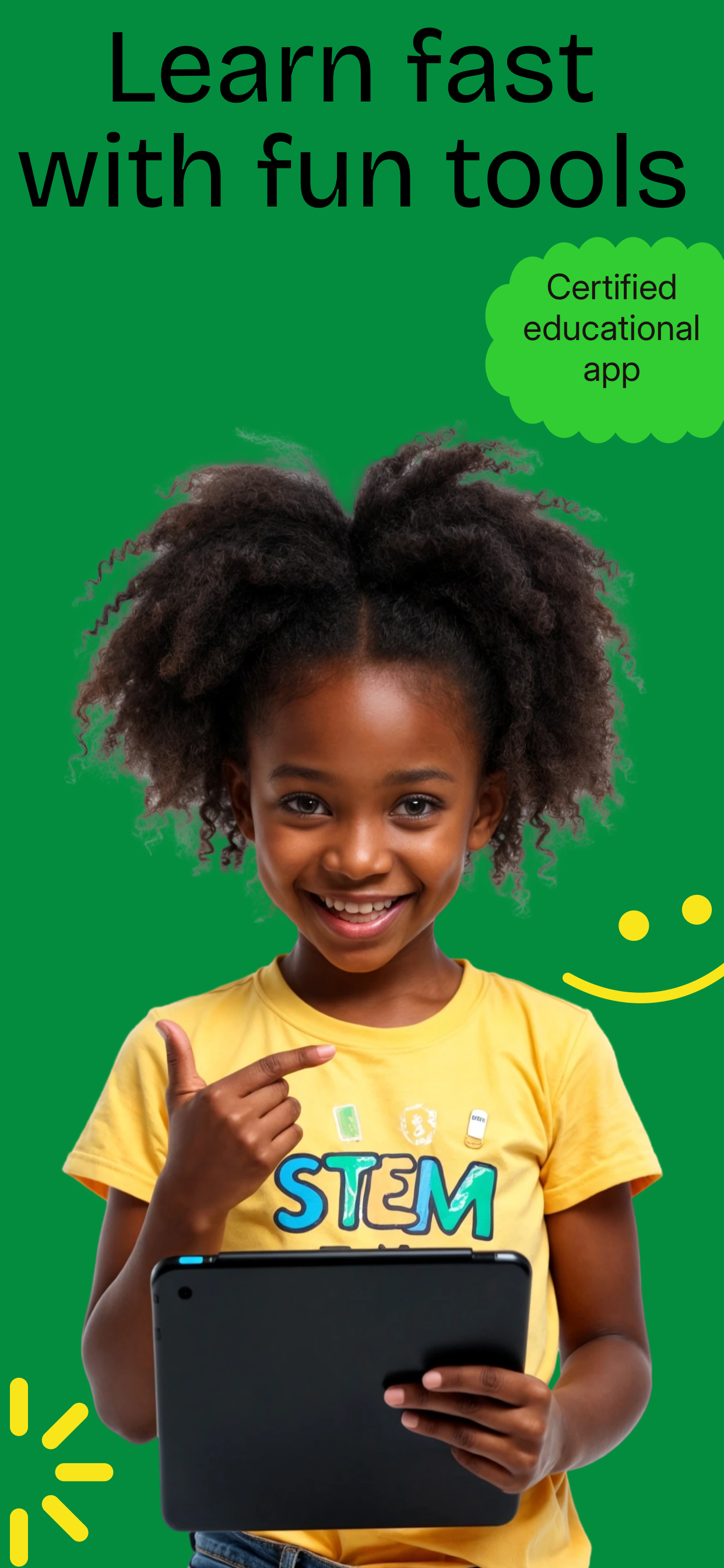 App Store screenshot template for kids education app – learn fast with fun tools STEM certified, iPhone 6.5 6.7 6.9