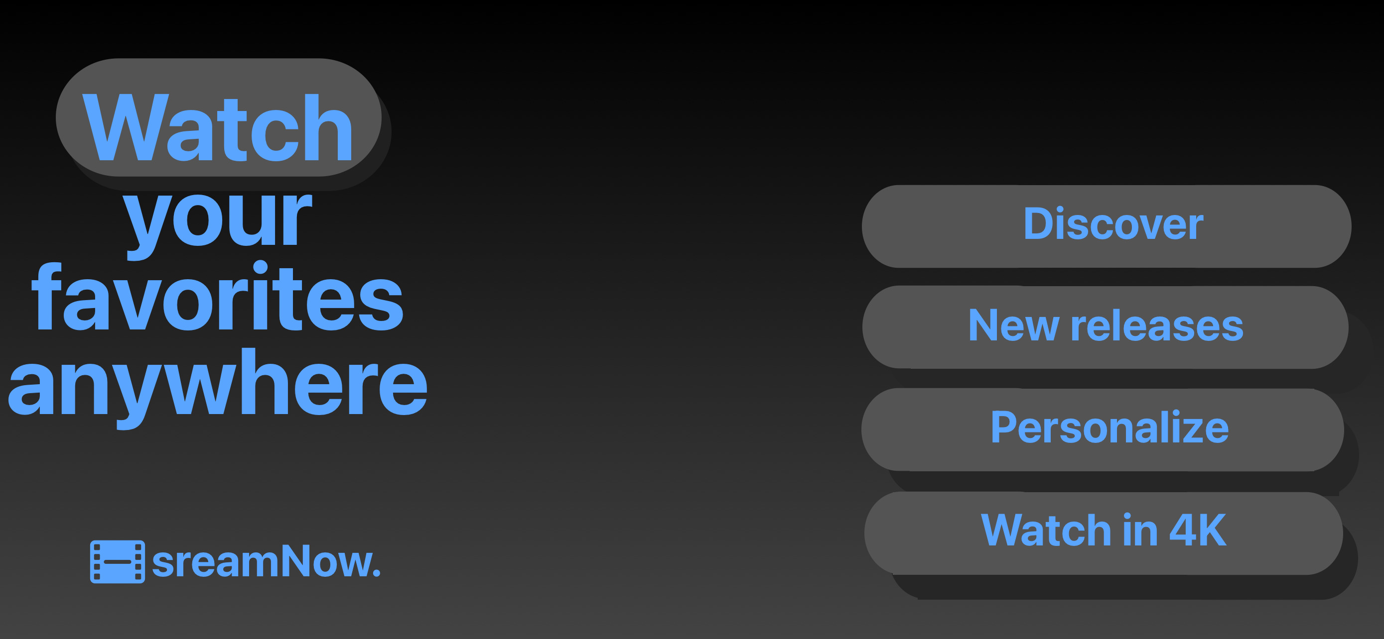 App Store landscape screenshot template for streaming app – watch your favorites anywhere in 4K, iPhone 6.5 6.7 6.9