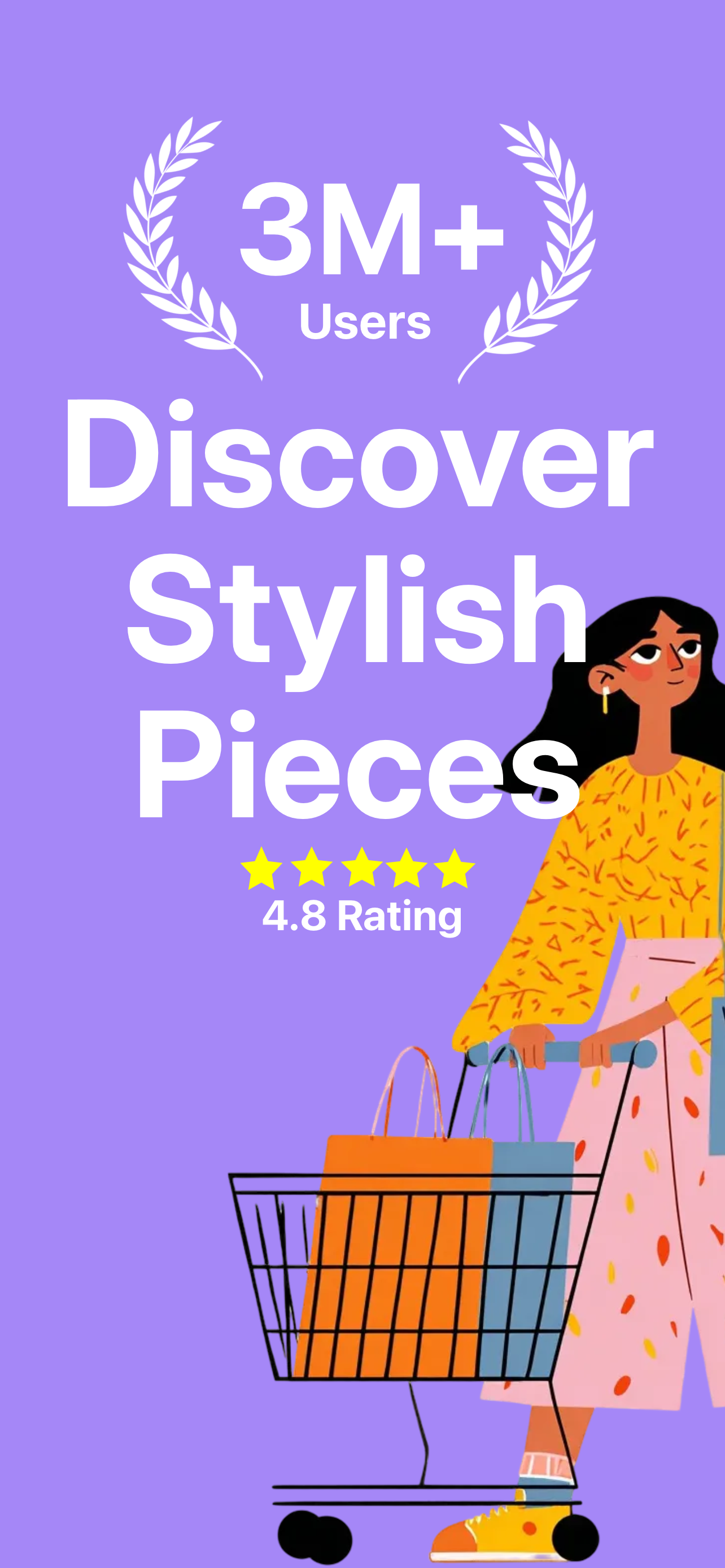 App Store screenshot template for fashion app – discover stylish pieces 3M users 4.8 rating, iPhone 6.5 6.7 6.9